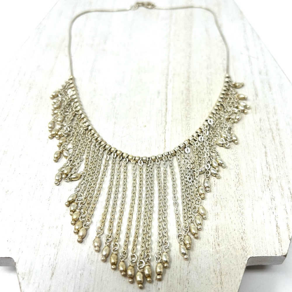 Sterling silver boho chic fringe necklace, vintage, 33.9g